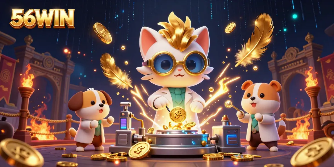 Engage in action and fun at 56WIN, where a mad scientist cat and dog create gold-coin magic!