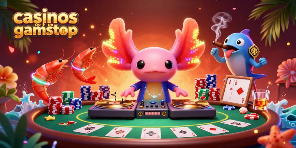 Experience casinos not on gamstop with festive gambling action from an axolotl DJ and friends.