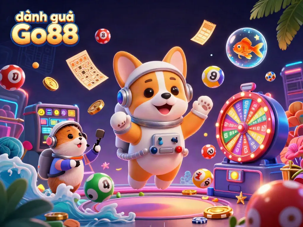 Engage in the dynamic experience of đánh giá Go88 with a vibrant 3D casino scene, featuring playful characters.