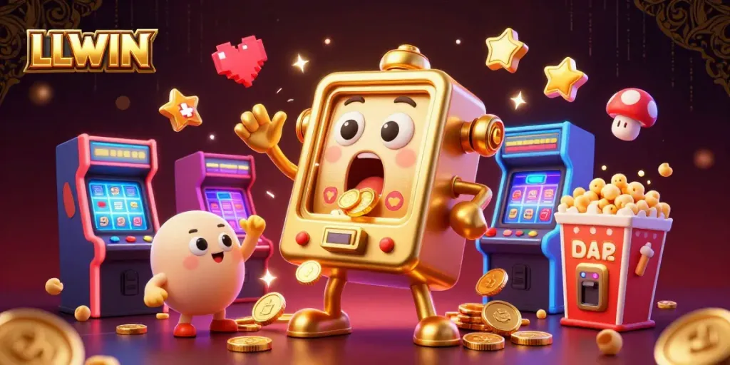 Experience LLWIN's excitement with a golden slot machine hitting a jackpot while coins pour out!