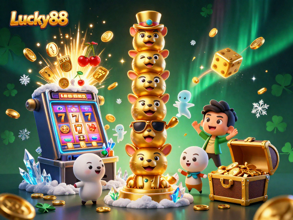 Experience Lucky88 with a vibrant 3D cartoon scene filled with games and festive elements