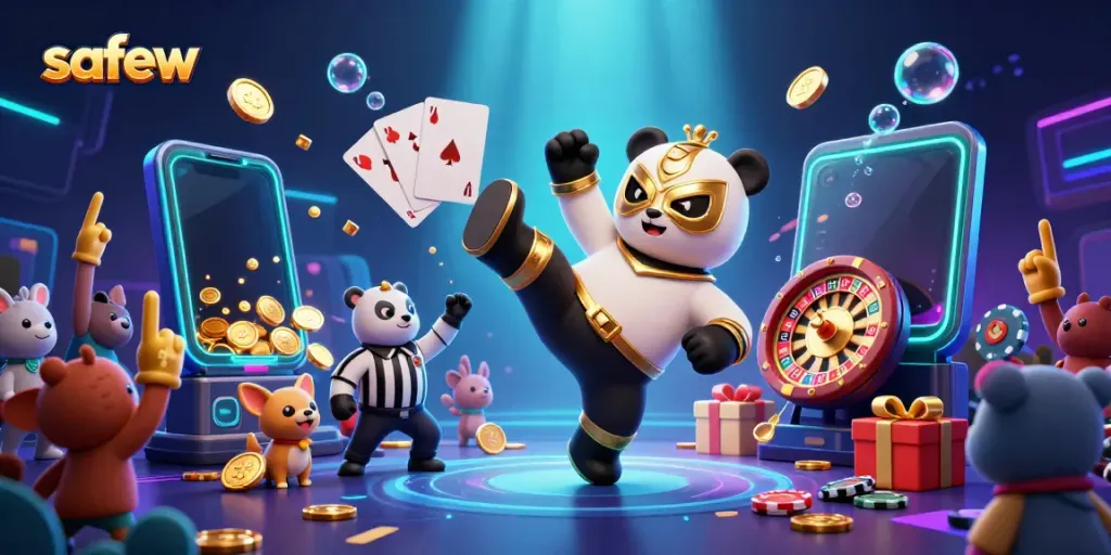 Jump into action with safew's dynamic 3D wrestler panda and chihuahua referee amidst exciting gaming elements.