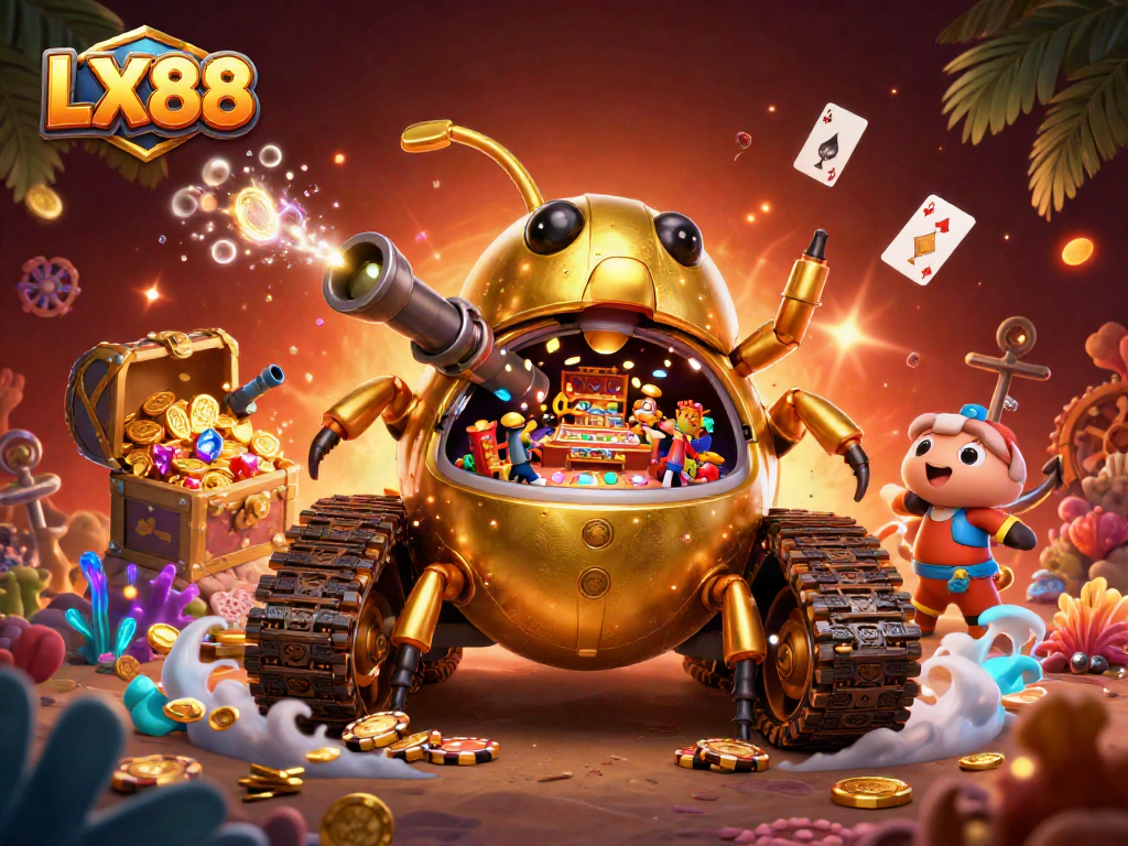 Experience LX88's captivating casino-themed adventure aboard a golden beetle tank filled with prizes.