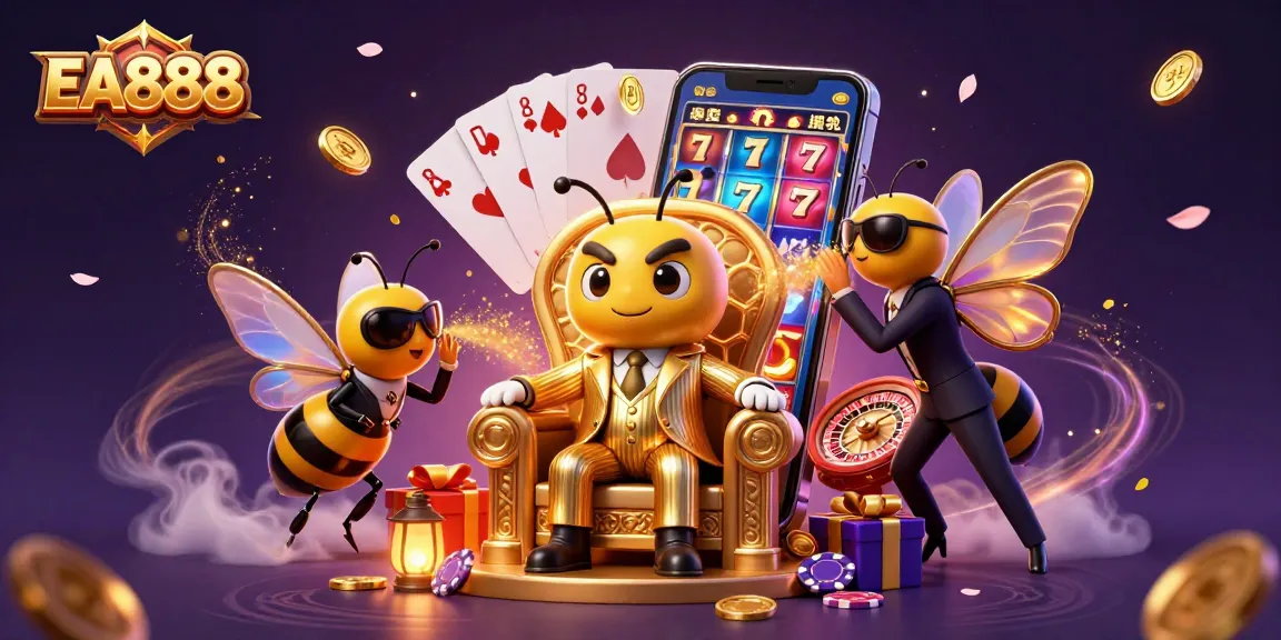 Spin the reels and win big with EA888 at this vibrant online casino illustration featuring dynamic characters.