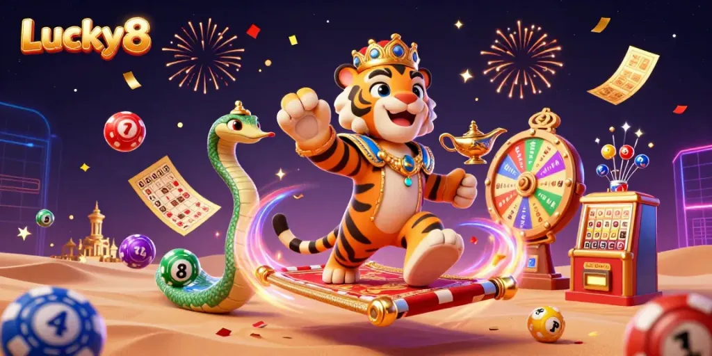 Experience the excitement of Lucky8 with an illustrative scene filled with vibrant gaming elements.