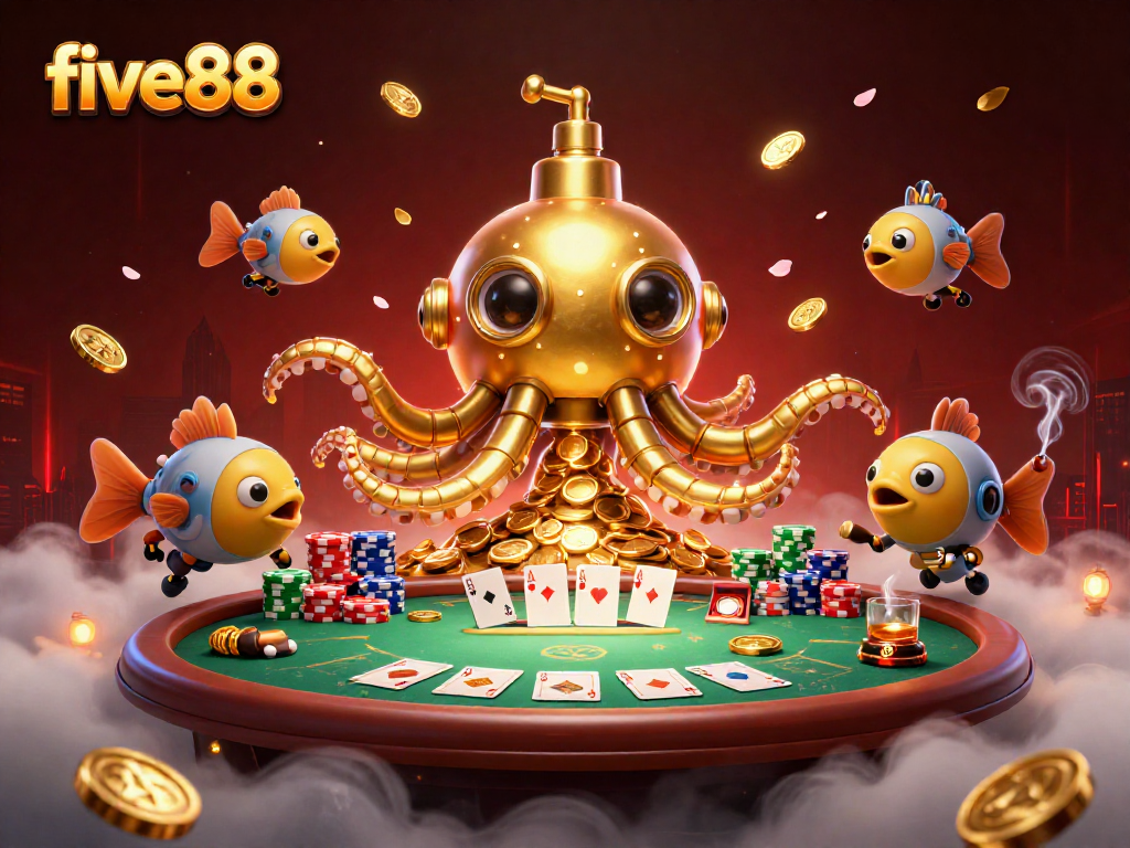 Engage in thrilling gameplay at five88 with a vibrant illustration of a kraken submarine and poker elements.