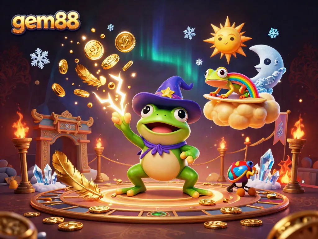 Experience the magic of gem88 with a storm of golden coins and captivating characters in a vibrant casino setting.