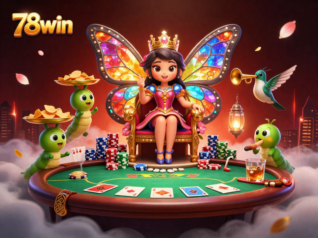 Engage with the enchanting scene of 78win, featuring a butterfly queen and poker elements in a casino.
