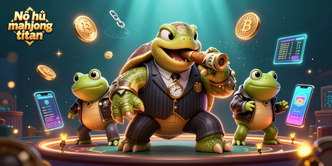 Nổ hũ mahjong titan showcases a vibrant casino scene with a snapping turtle and bullfrogs surrounded by crypto coins.