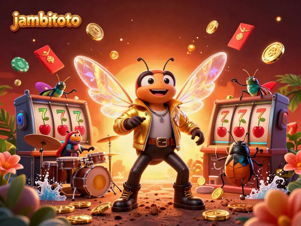 Engage with jambitoto's vibrant casino experience featuring a cicada rock star, lively characters, and slot reels.