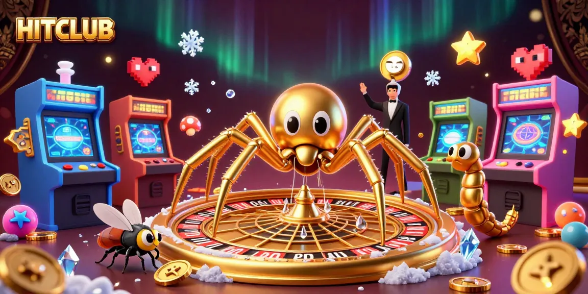 HITCLUB showcases a golden spider and centipede croupier amidst dynamic gambling action.