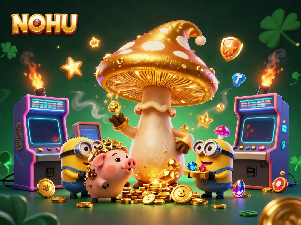 Experience thrilling gaming adventures with NOHU as magical characters surround arcade treasures and lively casino games.