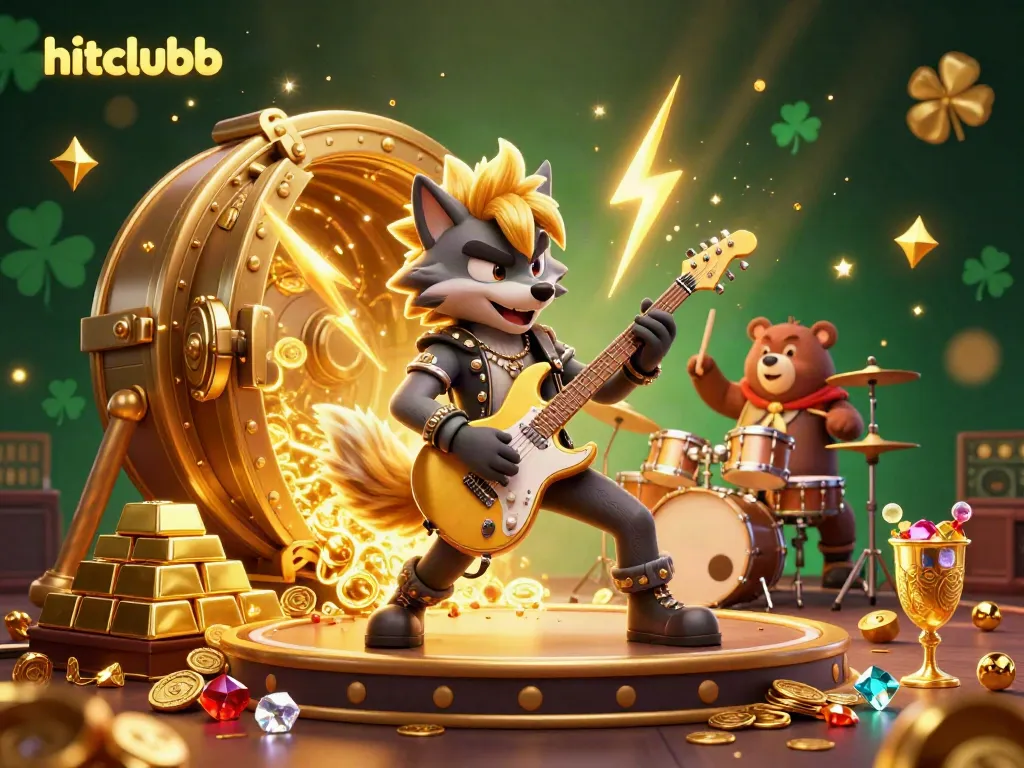 Engage in thrilling gameplay with hitclubb's electrifying casino adventure featuring a rock star wolf and a drummer bear.