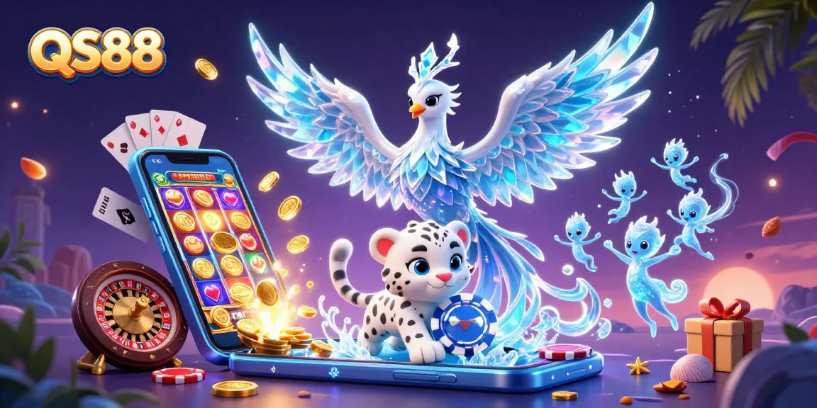 Win big with QS88 in this vibrant illustration of an ice phoenix and casino elements.