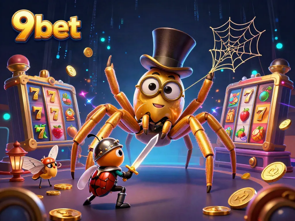Immerse in 9bet's thrilling gaming world with a golden tarantula and insect knight, showcasing action-packed slots.
