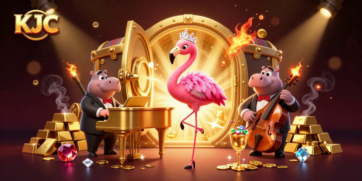 Experience the thrill of KJC with vibrant casino elements and lively characters in a 3D illustration.