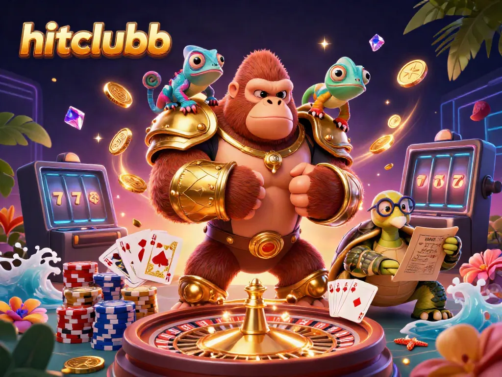 Join the exciting action at hitclubb, featuring a grand gorilla king, colorful characters, and casino elements!
