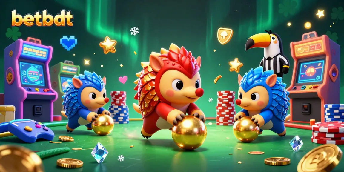 Engage in fun with betbdt as rival pangolins play in a colorful casino-themed arcade scene.