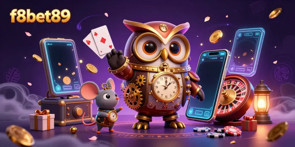 Experience the dynamic casino world of f8bet89 with a steampunk owl and vivid gaming elements.