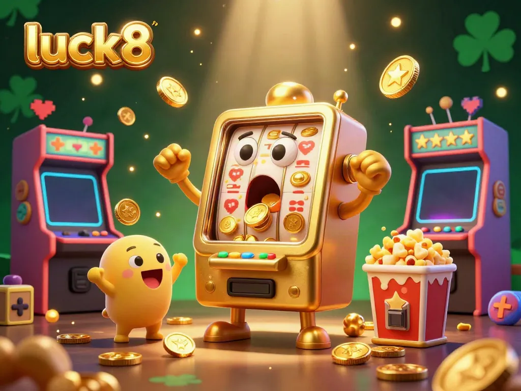 Experience the thrilling gameplay at luck8 with a lively slot machine celebrating a jackpot win amidst colorful game elements.