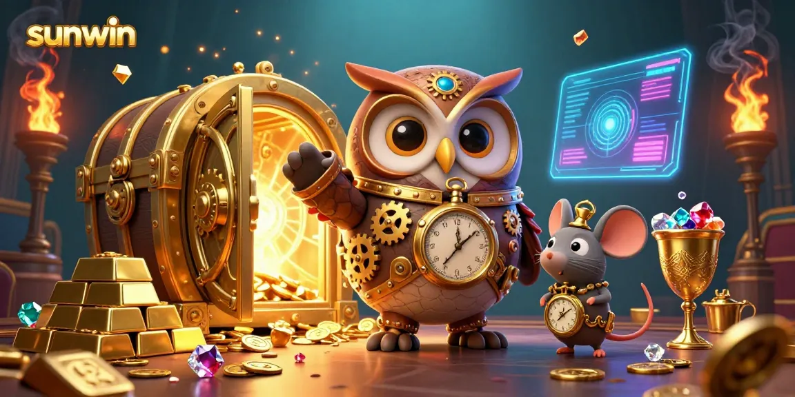 Experience winning at sunwin's exciting casino games with vibrant 3D illustration featuring steampunk owl and treasure elements.