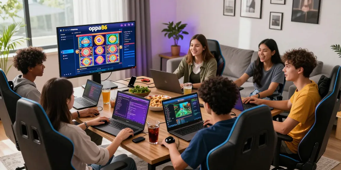 Group of friends enjoying gaming on oppa86 situs in a lively setup.