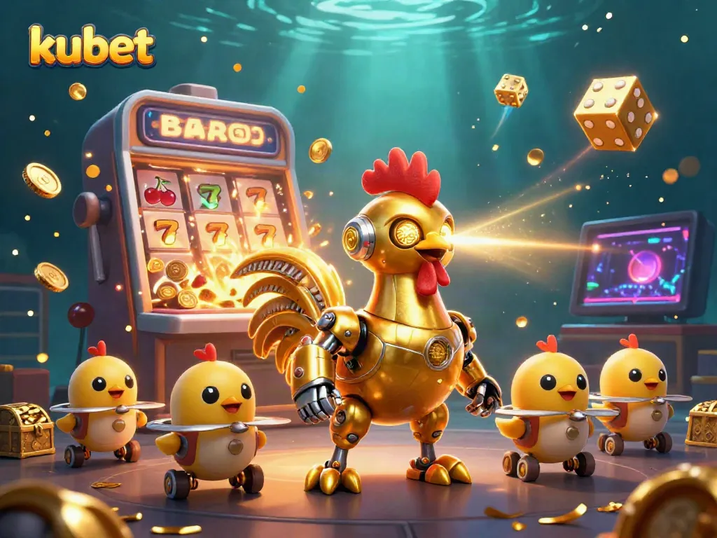 Kubet showcases a lively 3D scene with a golden rooster robot and chick drones amidst vibrant casino elements.