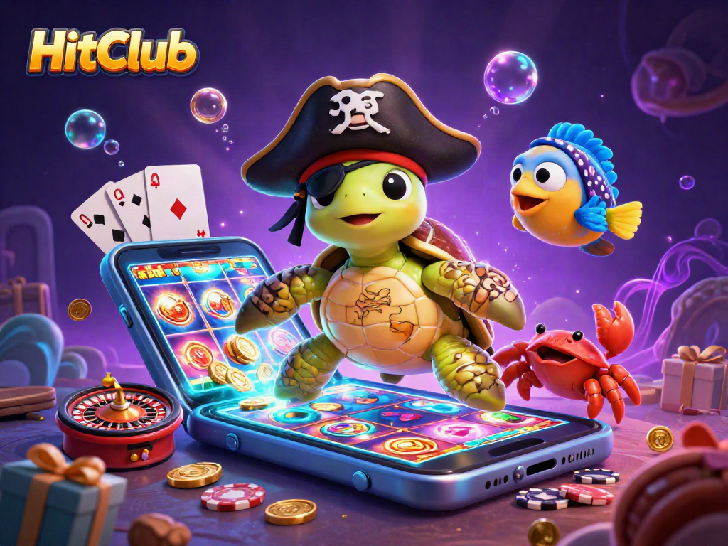 HitClub showcases a pirate turtle amid immersive casino elements, winning big in slot games.