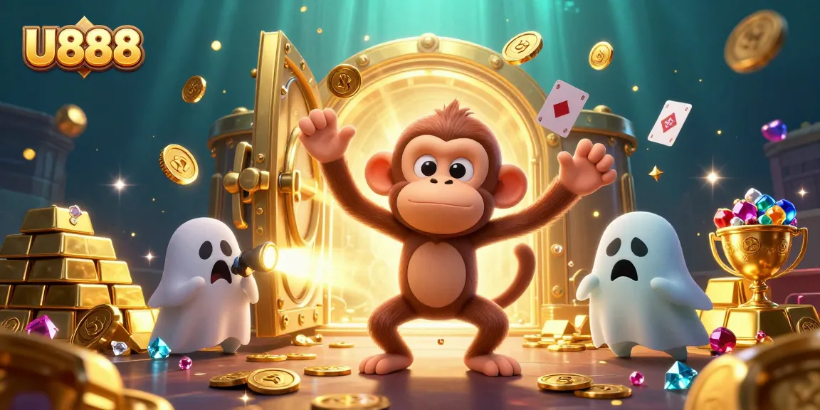Experience the thrilling U888 adventure with a poltergeist monkey and ghost-hunter puppy in a vibrant casino.