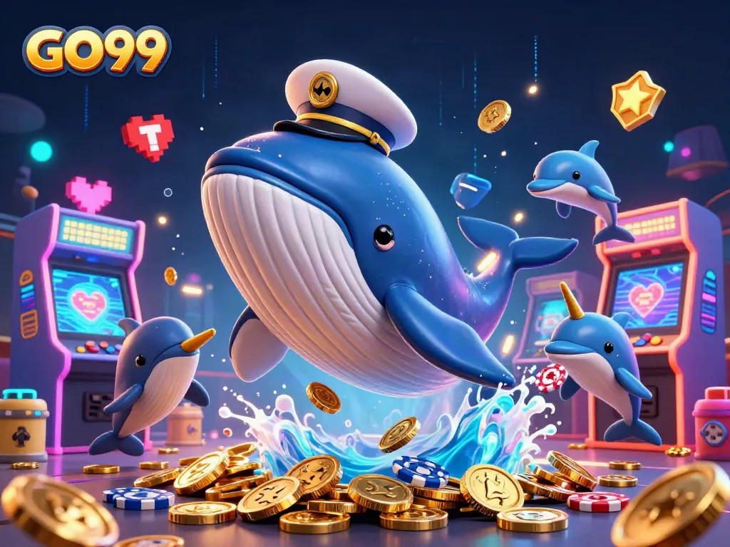 Experience the thrill of GO99 with a whimsical casino scene featuring playful characters and vibrant game elements.
