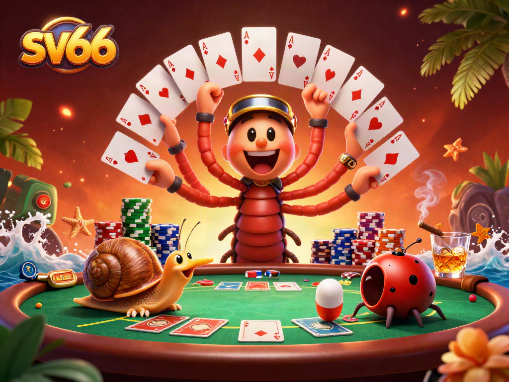 Engage with sv66 as the dealer showcases incredible poker skills amidst a vibrant casino scene.