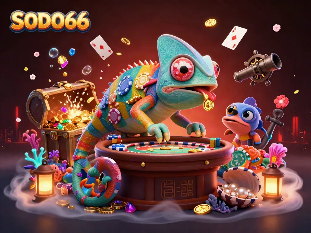 SODO66 chameleon casino owner catches gold coins while overseeing gaming areas in vibrant illustration.