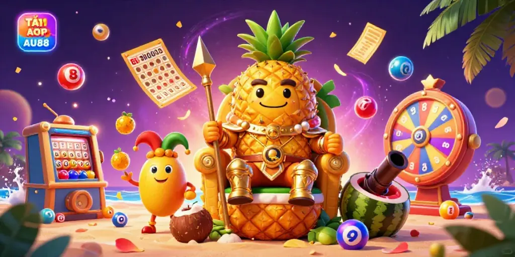 TẢI APP AU88 engaging lottery scene with golden pineapple king and dynamic beach casino elements