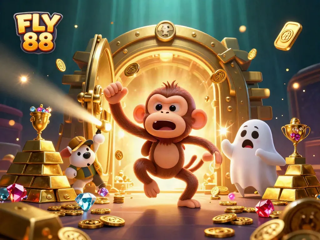 Experience the thrill of FLY 88 with playful spirits and treasure in a haunted casino scene.