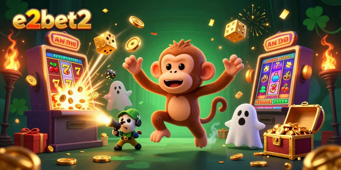 Experience the excitement of e2bet2 with a playful poltergeist monkey and a curious puppy in a vibrant casino scene.