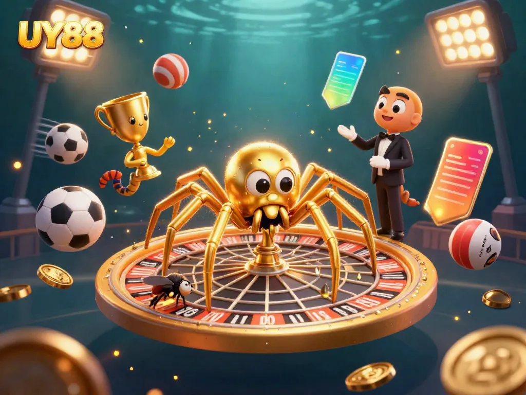 Experience thrilling gaming with UY88 as a golden spider spins a roulette wheel, showcasing vibrant sports and gaming themes.