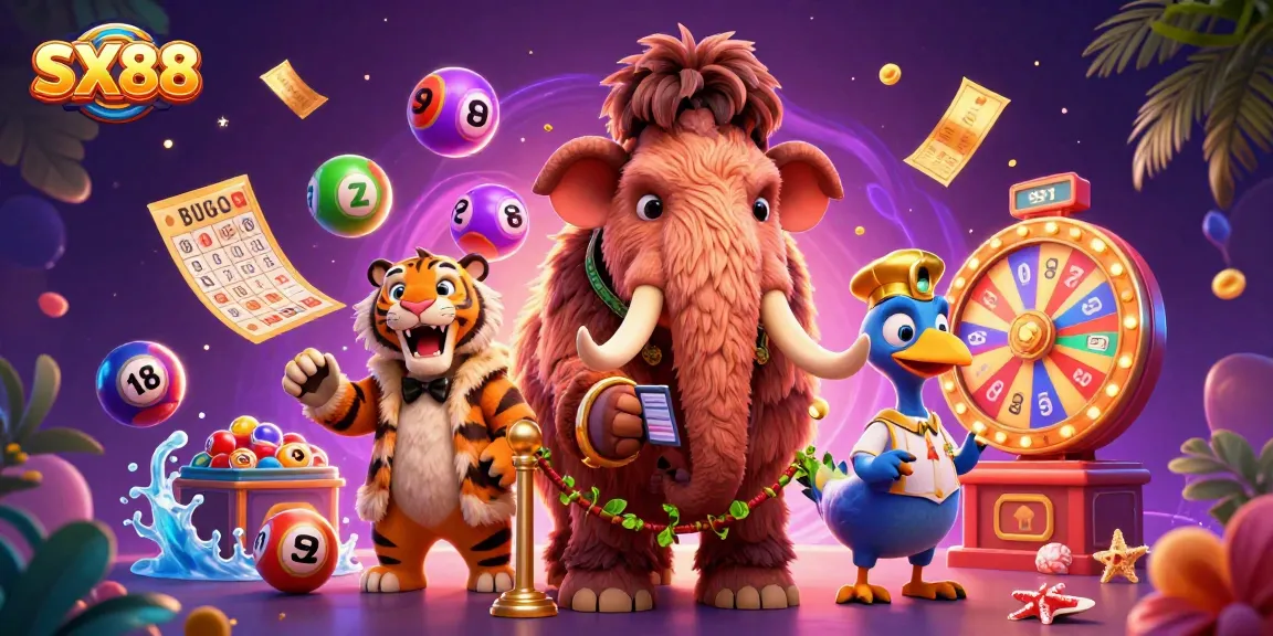 SX88 presents a vibrant casino scene with unique characters and dynamic lottery elements.