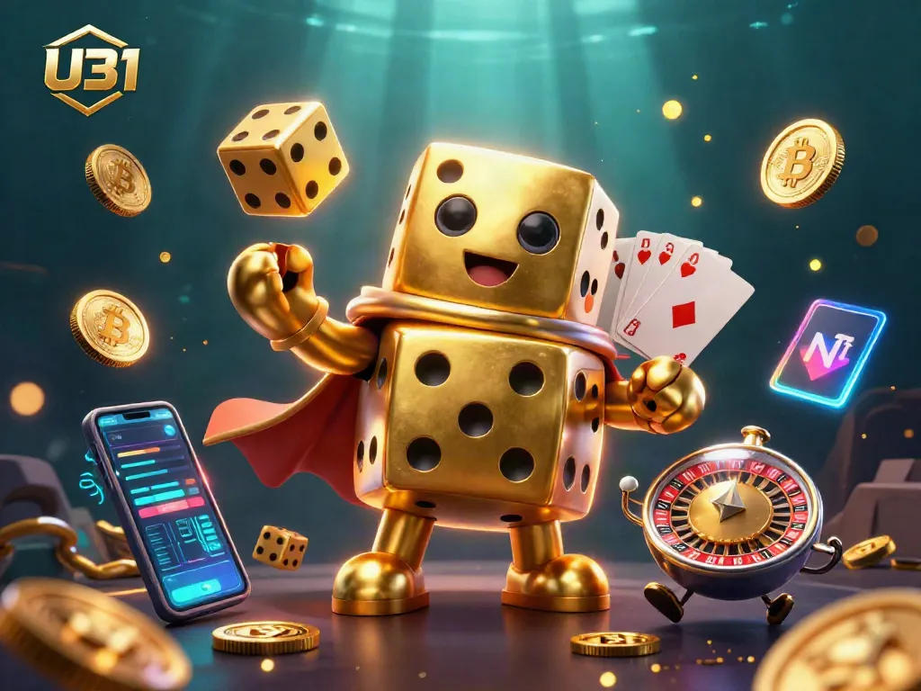 Play exciting casino games at U31 with vibrant golden dice and blockchain elements, creating an engaging atmosphere.
