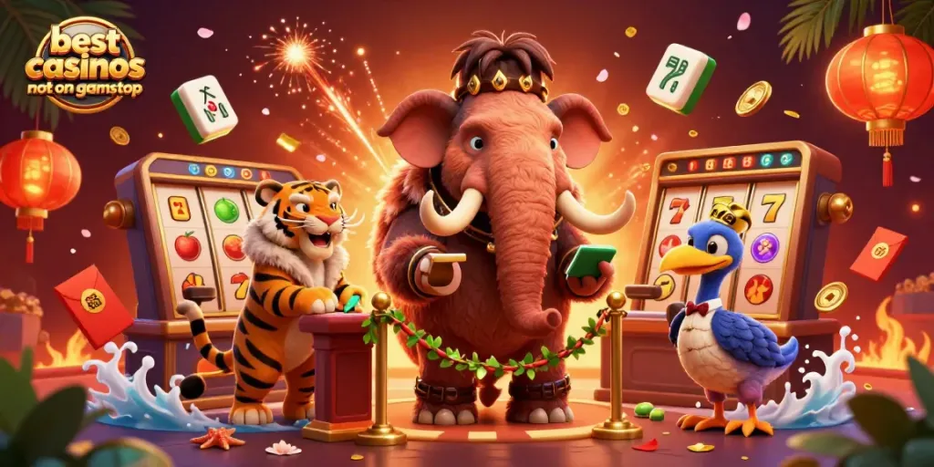 Visualizing best casinos not on gamstop with vibrant casino characters and dynamic game elements.