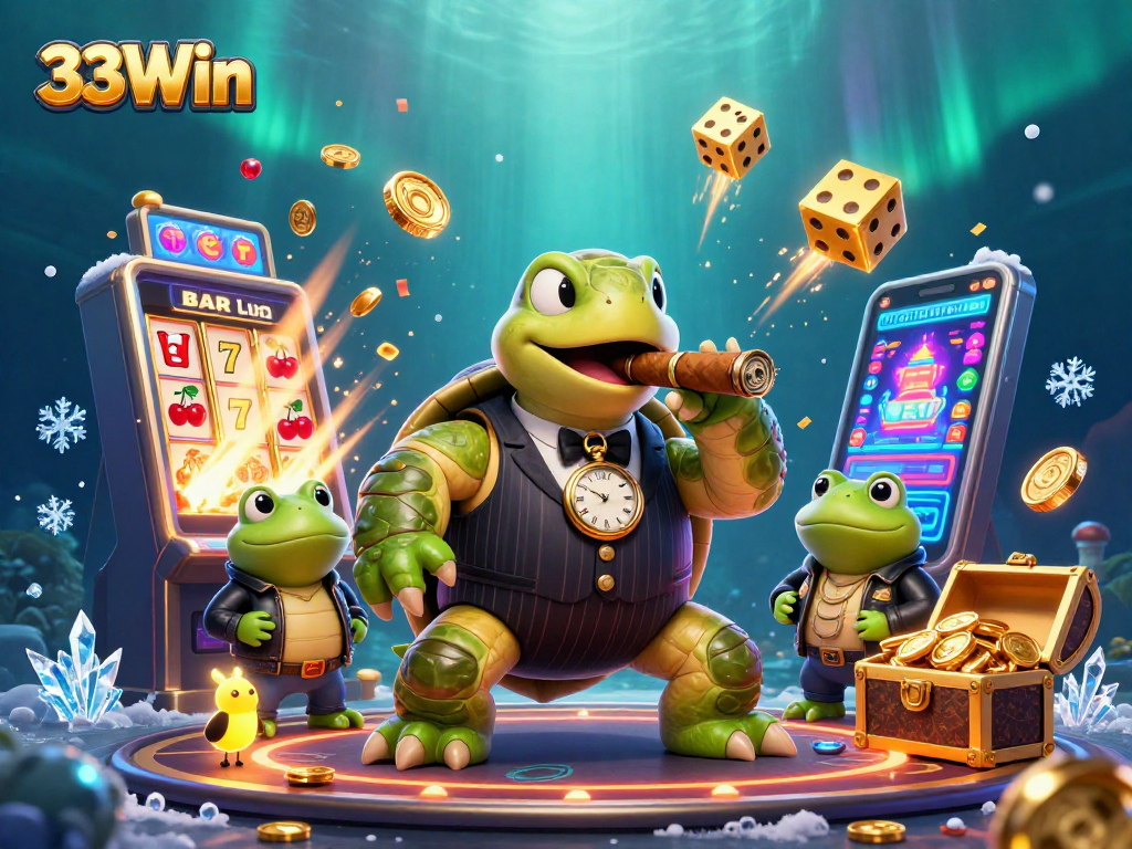 Experience the thrill of 33Win with a cartoon turtle mafia in a vibrant casino scene.