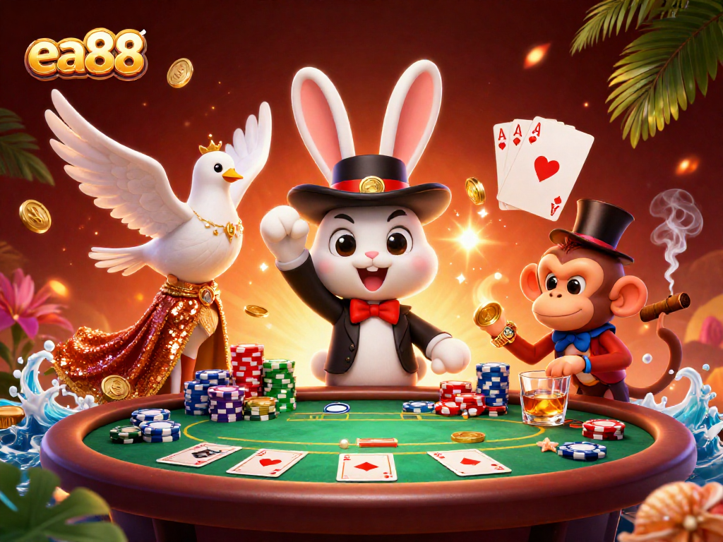 Experience winning moments at ea88 with a captivating casino scene of a magician rabbit and playful characters.
