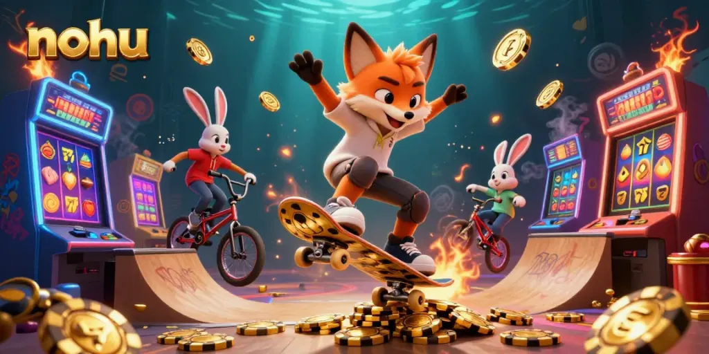 Nohu's fox and rabbit characters perform tricks over golden chips amidst lively slot machines, showcasing vibrant casino elements.