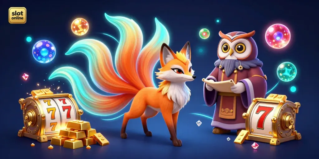 Engage with slot online excitement in this vibrant 3D illustration, featuring a nine-tailed fox and treasures.
