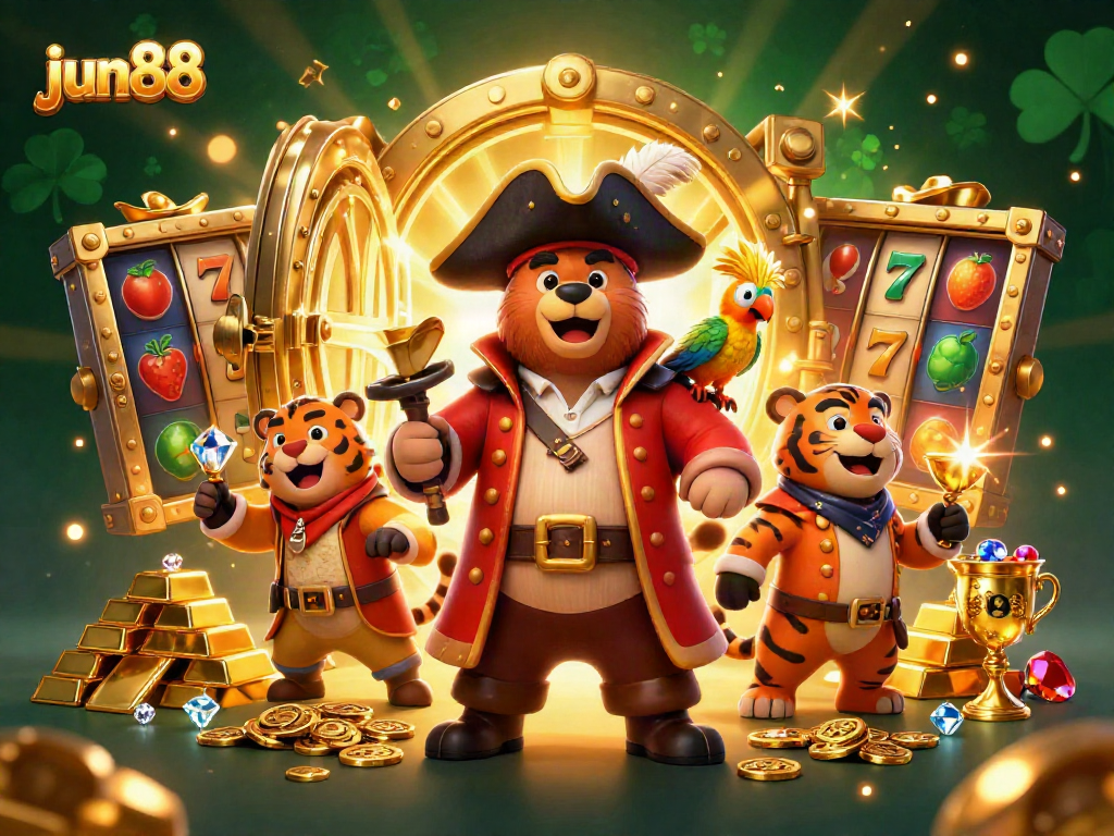 Play slots with jun88 in this vibrant 3D pirate-themed casino scene packed with treasures.