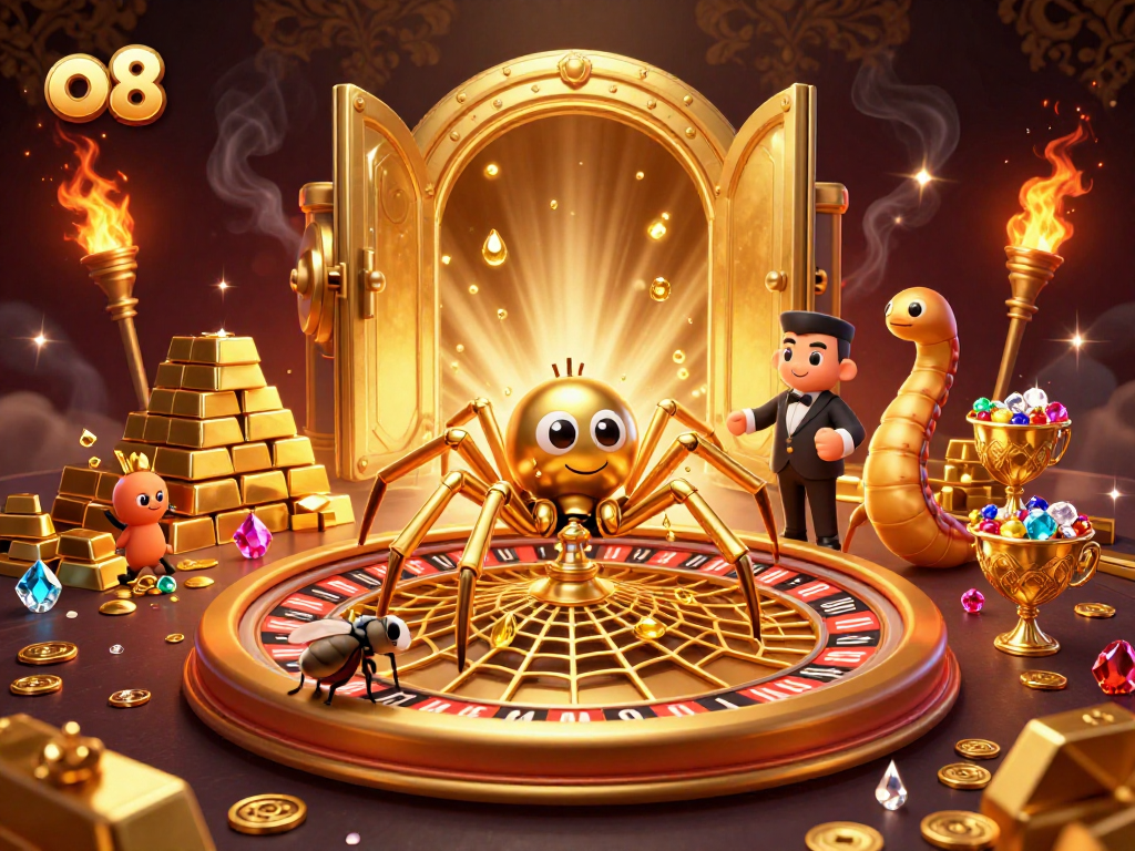 Bet on o8's exciting roulette with a golden spider and centipede croupier in a vibrant scene.