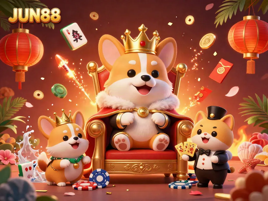 Experience the vibrant casino world at JUN88 with a royal corgi throne, golden card deck, and colorful festive elements.