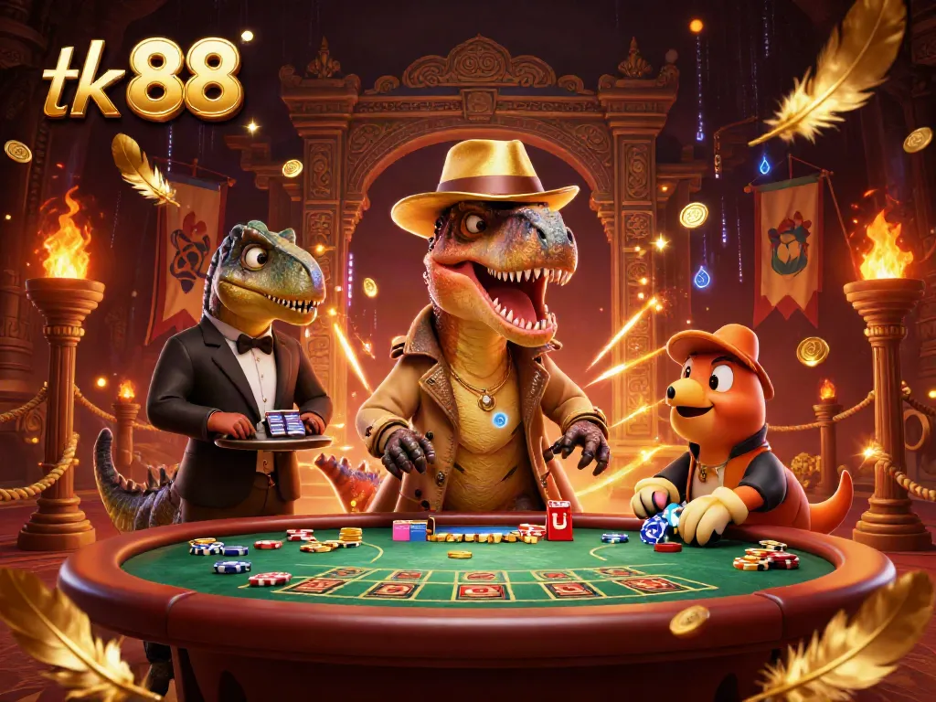 Engage in the thrilling world of tk 88 with a lively casino scene featuring unique dinosaur characters.
