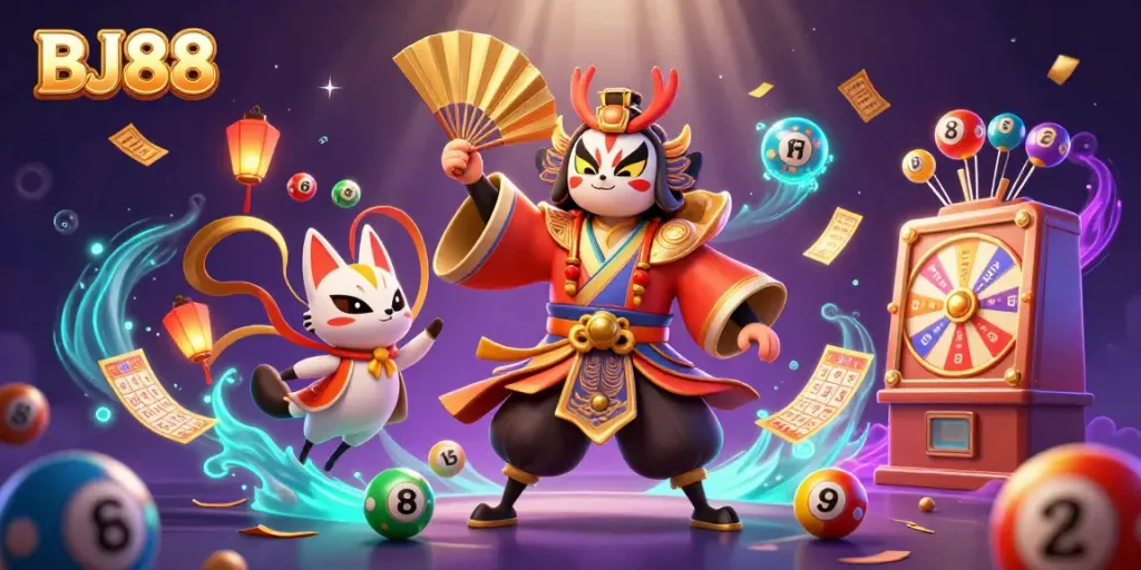 Engage with thrilling games at BJ88, featuring energetic kabuki warriors amidst dynamic gambling elements.