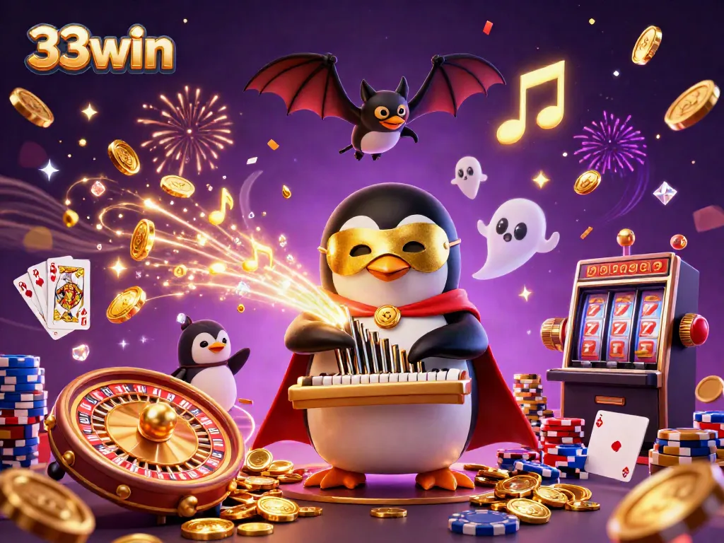 Experience excitement with 33win's thrilling 3D casino scene featuring animated characters and vibrant game elements.