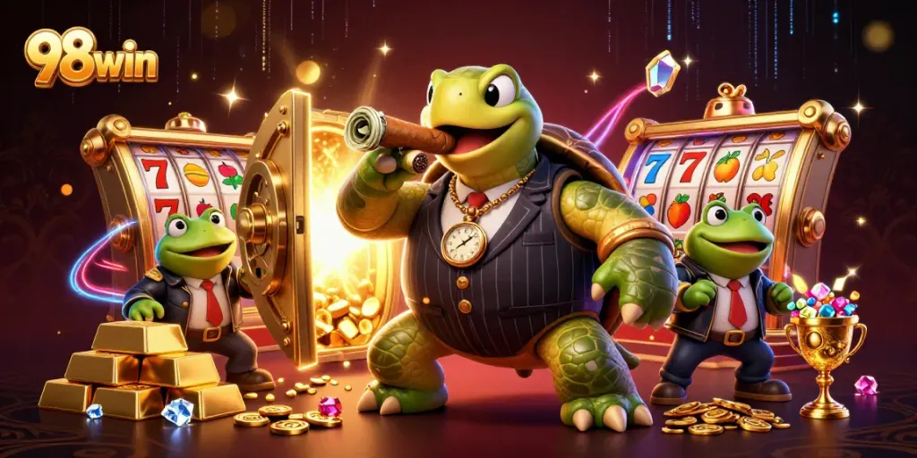 Engage in thrilling gameplay at 98win with vibrant casino scenes featuring a colorful turtle and frog characters.